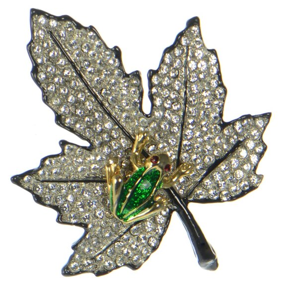 Kenneth Jay Lane KJL Black Enamel Crystal Leaf with Frog Pin Brooch - Picture 1 of 5